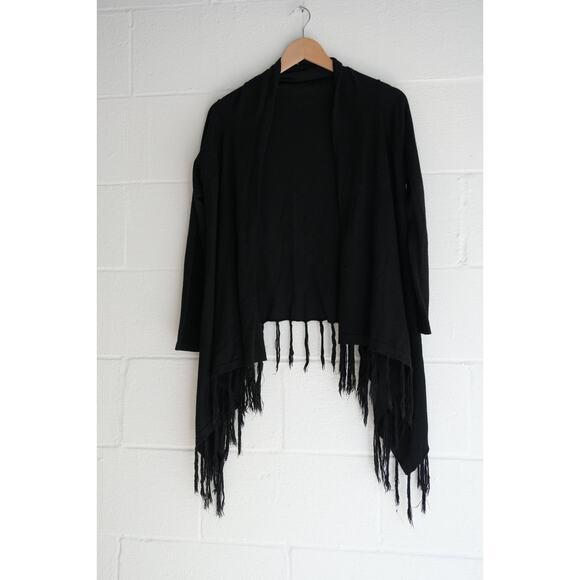 BEAR DANCE Black Fringe Hem Asymmetrical Waterfall Cardigan Size Medium - Picture 5 of 5